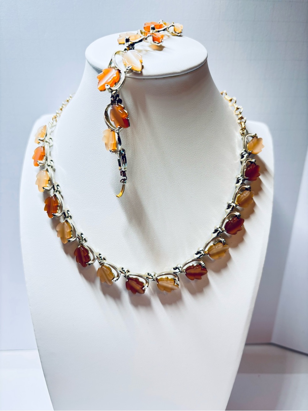 Vintage Style Oval Opalite Glass & Silver Leaf Vine Necklace Bundle Set